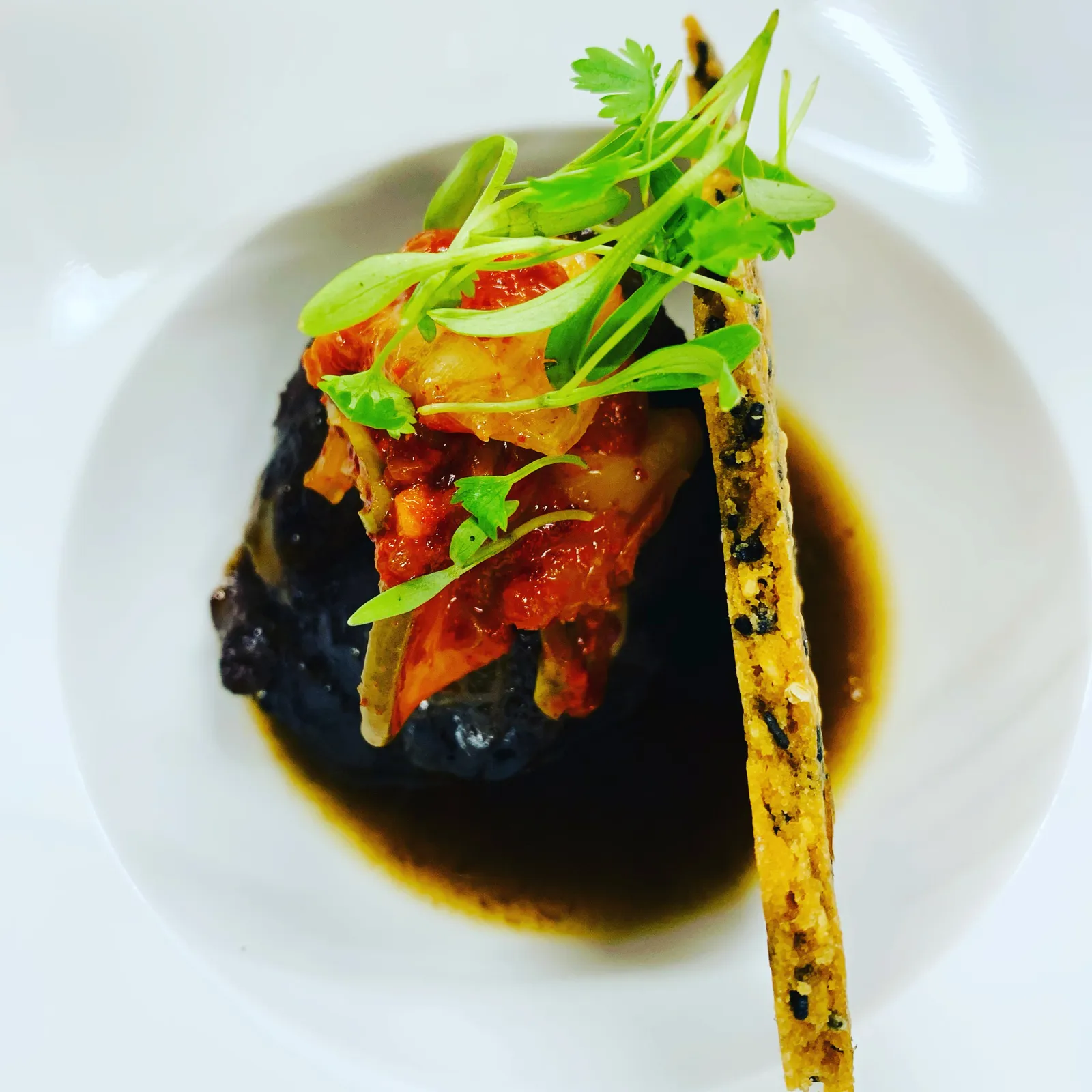 Dark braised dish topped with a bright tomato relish and micro herbs, plated dramatically on a white bowl